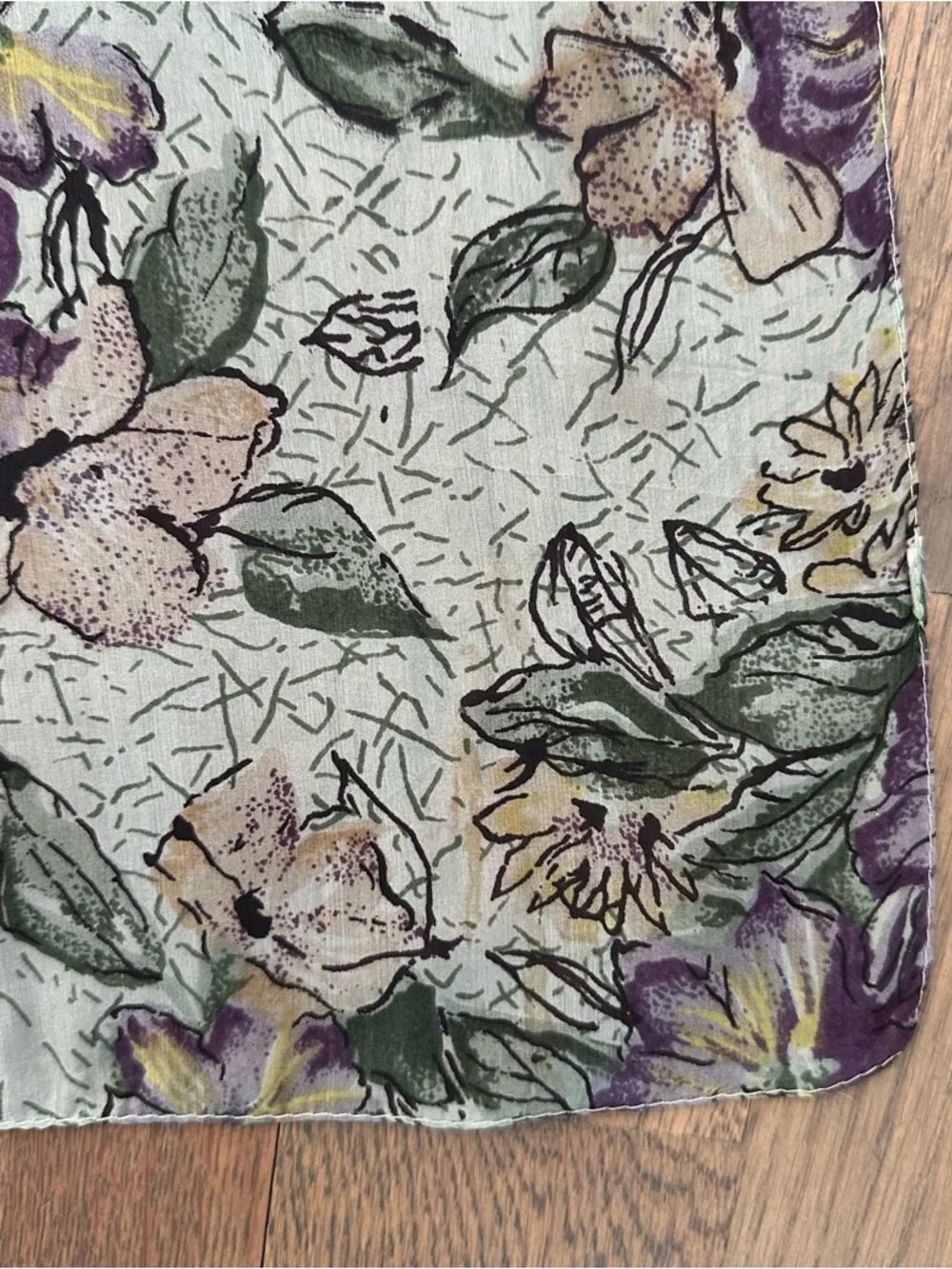 Vintage Floral Print 100% Silk Oblong Scarf in Sage Green, Black, Purple, 65